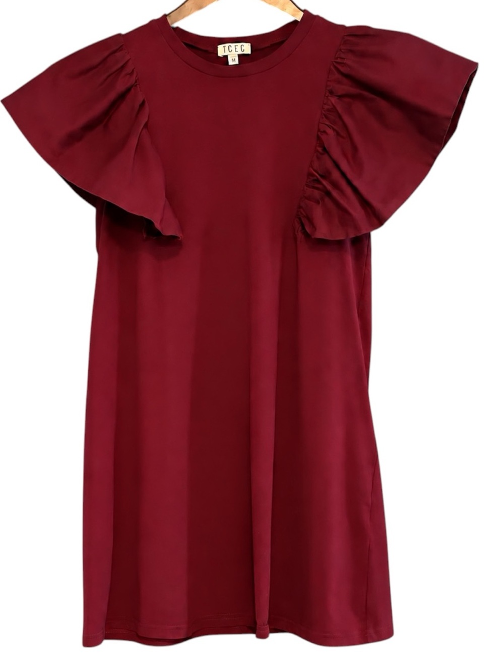 TCEC Burgundy Ruffle Sleeve Game Day Mini Dress M NWOT